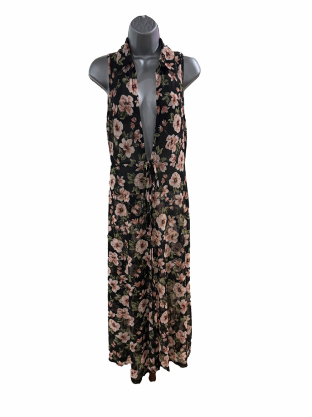 16. Women's Ember Floral Sheer Tie Front Cardigan Dress, Size L, Black and Pink